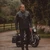 Black denim and leather motorcycle jacket with concealed carry pockets