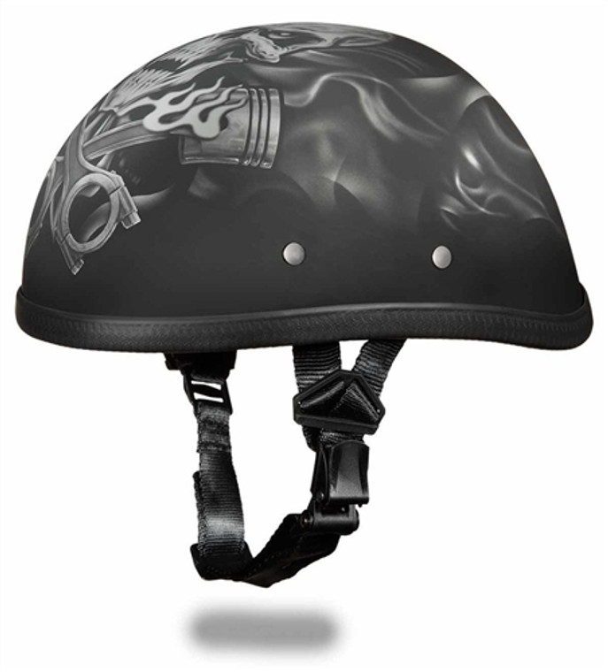 Piston Skull Premium Novelty Helmet – Matte Black Finish with Skull, Pistons, and Fire Motif Piston Skull Premium Novelty Helmet – Matte Black Finish with Skull, Pistons, and Fire Motif