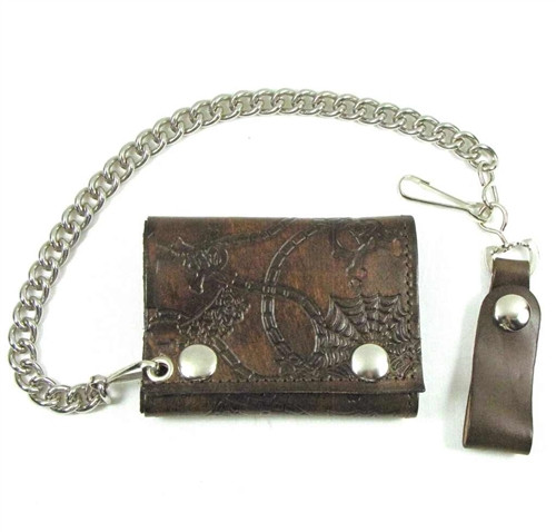 Spider Embossed Brown Leather Chain Wallet | USA Made Cowhide Tri