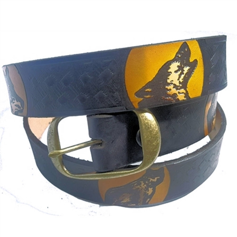 Men's Leather Belts: American Made Howling Wolf Pattern