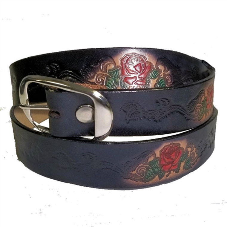 USA-made genuine cowhide leather belt with painted red rose embossing – snap-off buckle USA-made genuine cowhide leather belt with painted red rose embossing – snap-off buckle