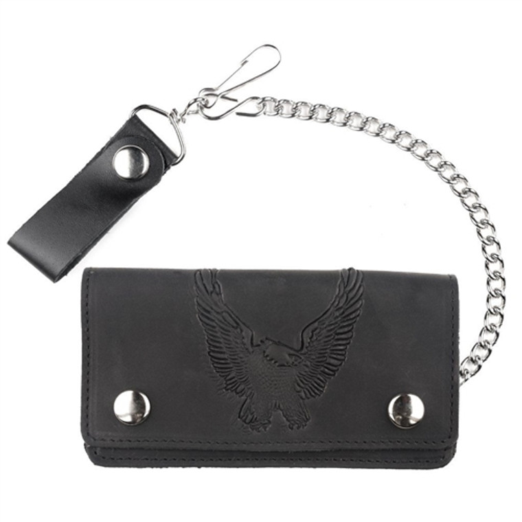 USA-made 6-inch black leather bi-fold wallet with embossed eagle design, snap closure, and detachable 12-inch chain