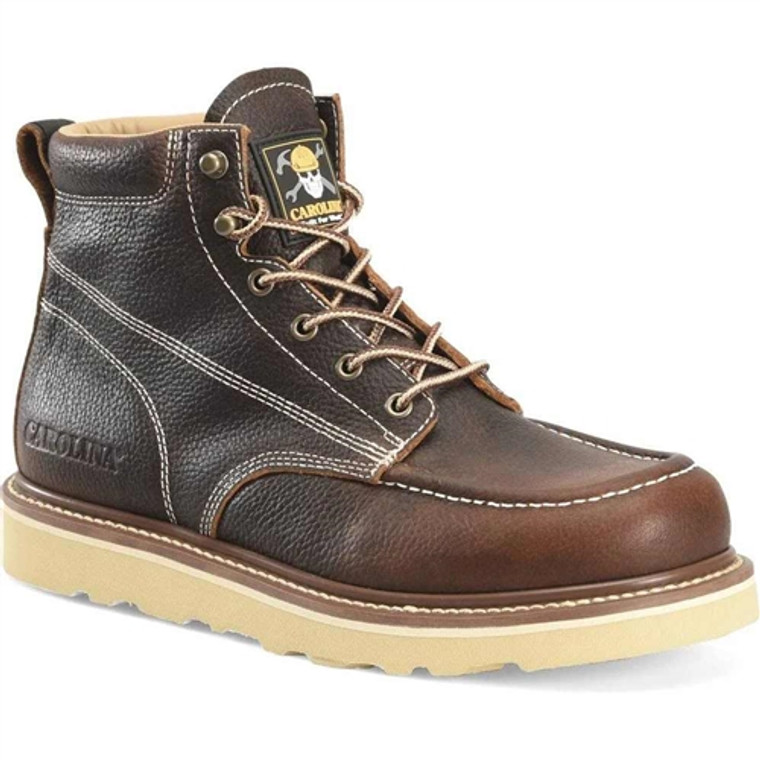 Carolina Flatiron 6-inch moc toe wedge work boots in brown full-grain leather, featuring unlined interior