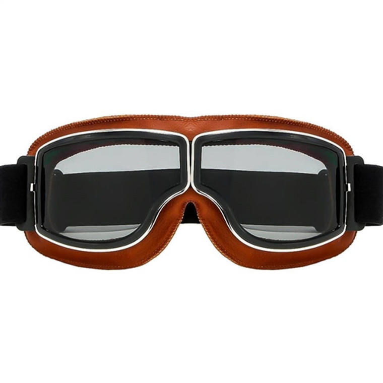 Choppers retro motorcycle goggles with brown faux leather trim and smoke lens