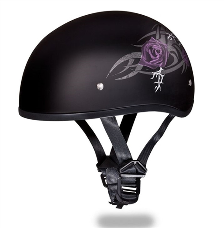 Daytona DOT-approved half-shell motorcycle helmet for women featuring purple tribal rose graphics on matte black finish Daytona DOT-approved half-shell motorcycle helmet for women featuring purple tribal rose graphics on matte black finish