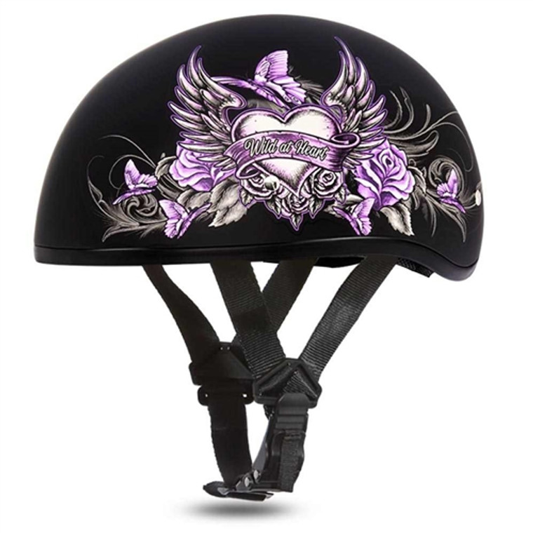 Daytona Helmets Wild Heart ladies motorcycle half-shell helmet with matte black finish and pink wild heart graphic DOT approved