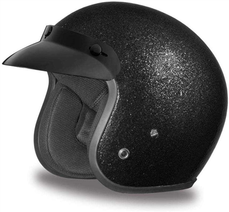 Daytona Retro Black Metal Flake 3/4 open face motorcycle helmet with DOT FMVSS 218 certification, low-profile design, and removable gloss black bubble visor
