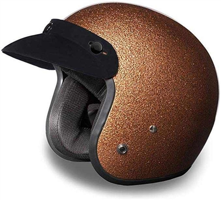 Daytona Cruiser Root Beer Metal Flake 3/4 open face motorcycle helmet with DOT FMVSS 218 certification, low-profile design, and removable snap-on bubble visor