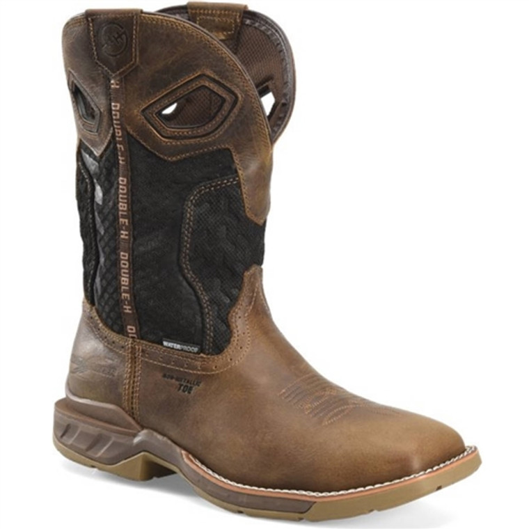 Double H DH5366 men's 11-inch waterproof composite toe roper work boots in brown, featuring Cumberland Cigar leather