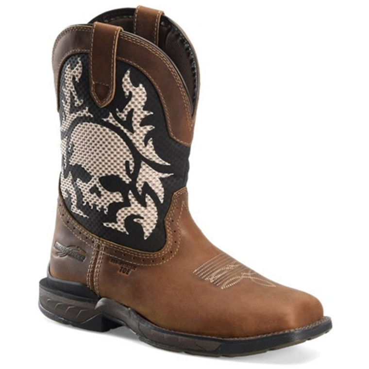 Phantom Rider men's waterproof composite toe work boots in brown with reflective skull graphic