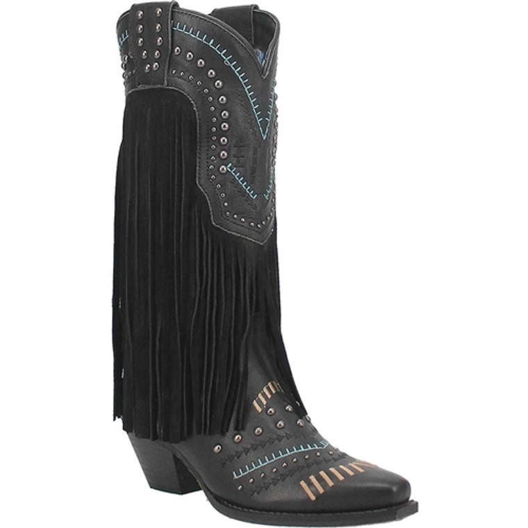 Ladies Gypsy Fringe Western Boots DI737 Black Suede