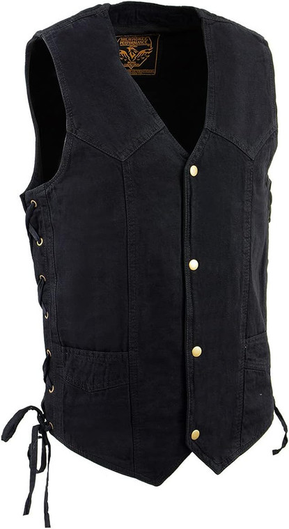 Milwaukee DM1315 men's black denim motorcycle vest with snap closure and side laces
