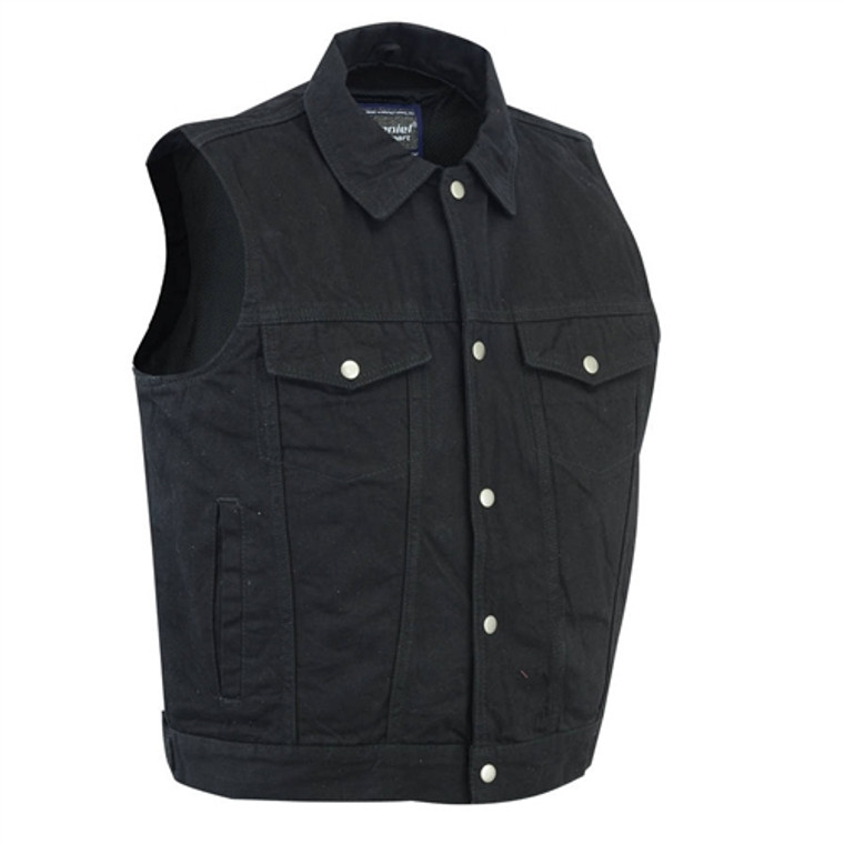 Zipper Classic Black Denim Motorcycle Vests w/ Collar, Daniel Smart