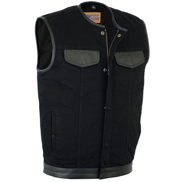 Men's Leather & Black Denim Motorcycle Vest. Concealed Carry