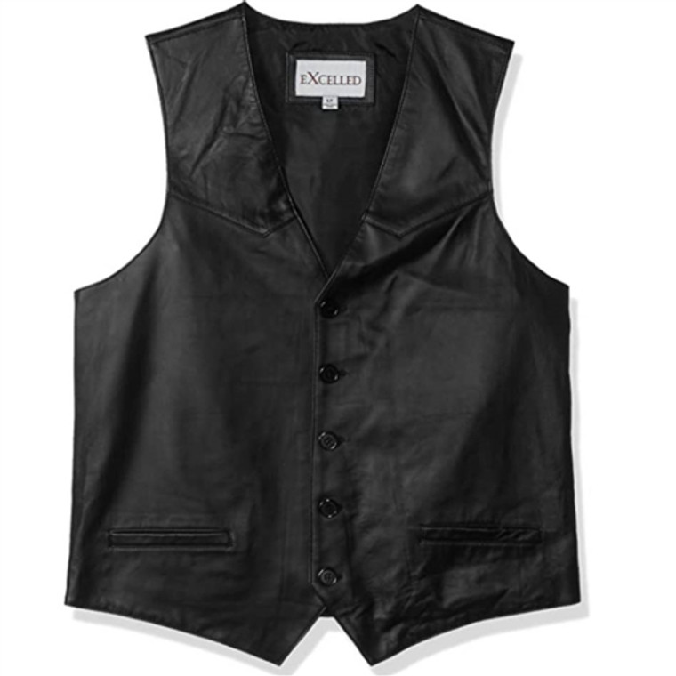 Men's Black Premium Lambskin Leather Vest, Excelled (Buttons)