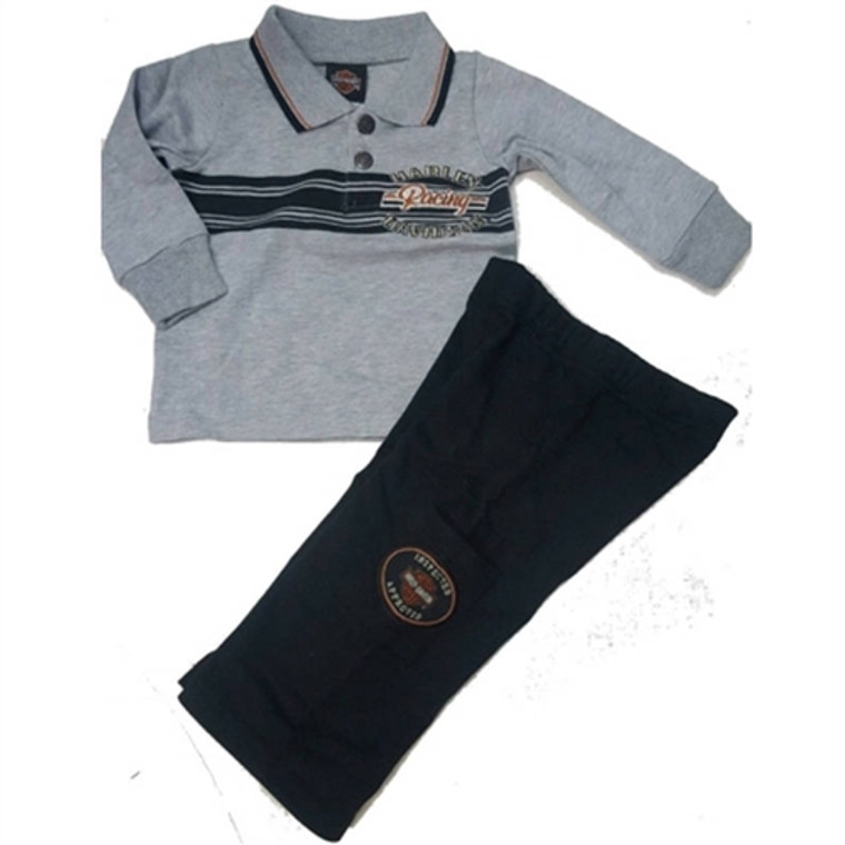 Harley-Davidson Infant Boy Polo Outfit featuring gray polo shirt with embroidered Bar & Shield logo and black cargo pants Harley-Davidson Infant Boy Polo Outfit featuring gray polo shirt with embroidered Bar & Shield logo and black cargo pants