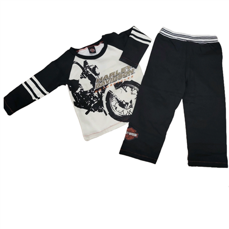Harley-Davidson Toddler Boy Fleece Outfit featuring a long-sleeve motorcycle graphic shirt paired with black fleece sweatpants