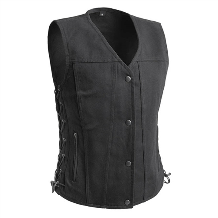 Ladies Classic Black Denim Motorcycle Vest with side laces and concealed carry pockets
