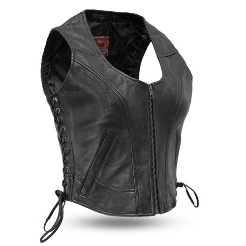 Ladies Black Zip Moto Fashion Leather Biker Vest | Leather Bound NJ