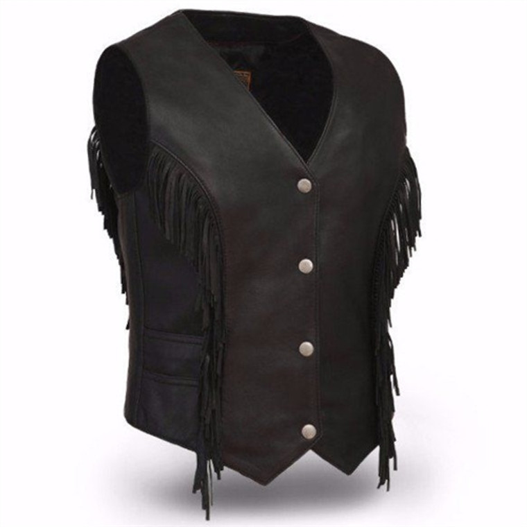 First Classics Black Leather Fringe Ladies Motorcycle Vest, Apache