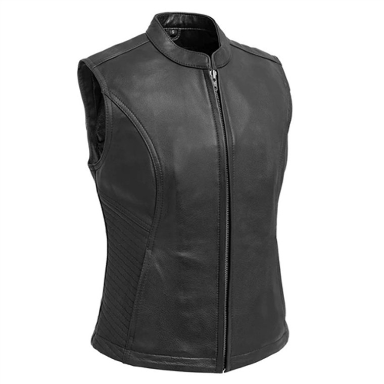 First MFG Zip Nina Women's Black Leather Motorcycle Vest – Premium Cowhide with Concealed Carry Pockets
