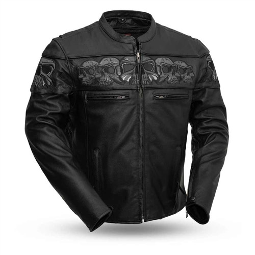 Men's Reflective Skulls Leather Motorcycle Jacket | First MFG