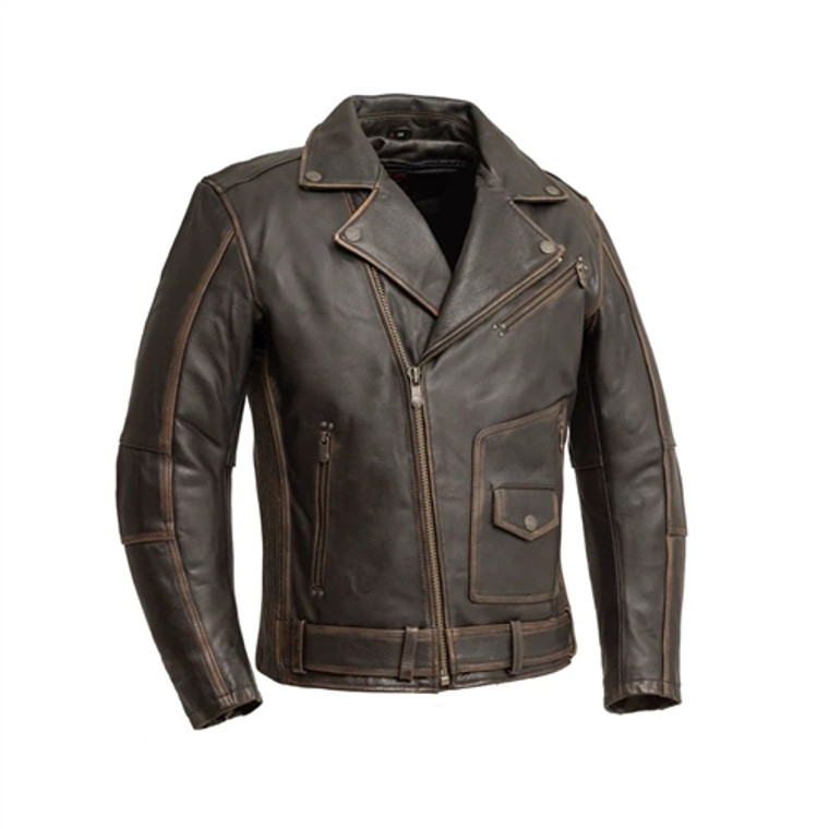 First MFG Vintage Brown Leather Motorcycle Jacket with distressed finish and classic biker design