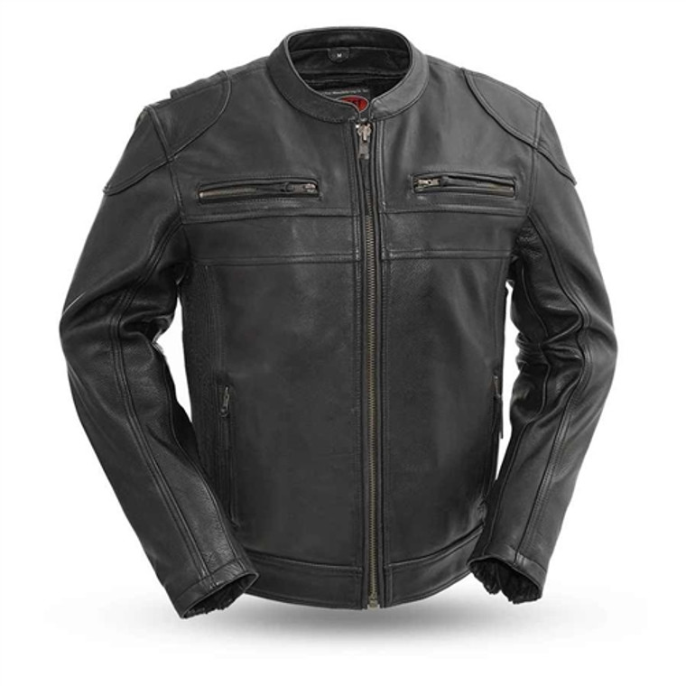 First MFG Nemesis Leather Scooter Motorcycle Jacket with banded collar and center zipper