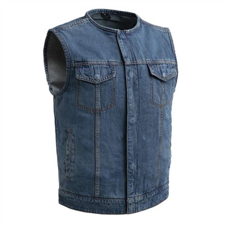 Blue Collarless Men's Denim Motorcycle Vest, Unlined, First MFG