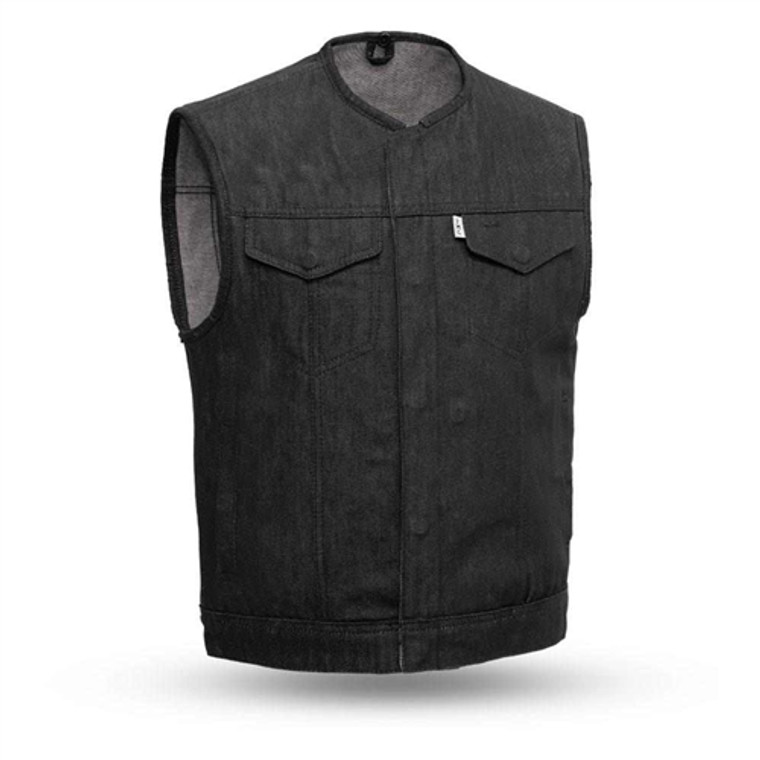 Men's Black Raw Denim Motorcycle Vest FIM651DM Collarless