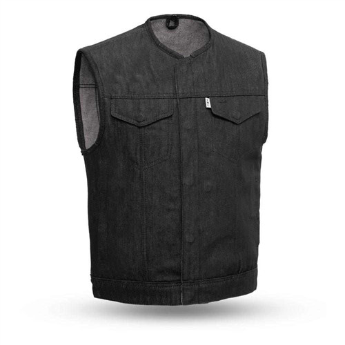 Collarless Black Raw Denim Motorcycle Vest by First MFG | Leather