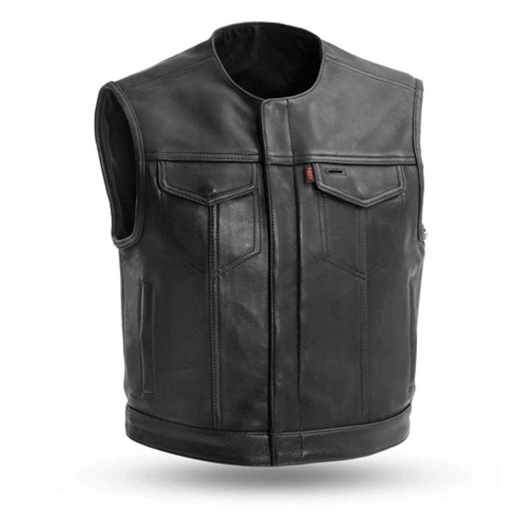 Short Collarless Platinum Leather Club Vest, Lowside