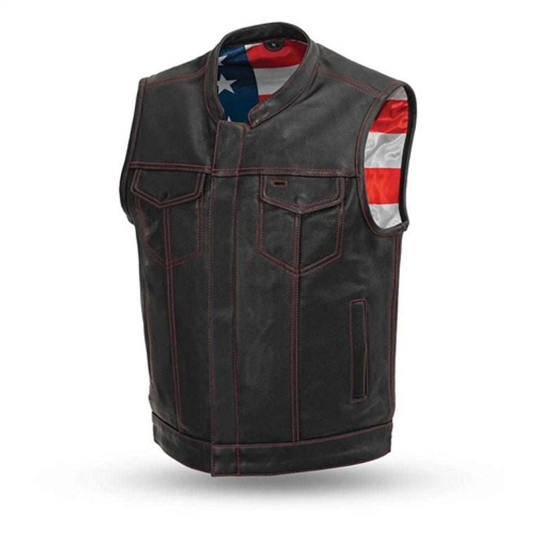 USA Born Free Leather Club Vest by First Manufacturing with red top stitching and American flag satin lining