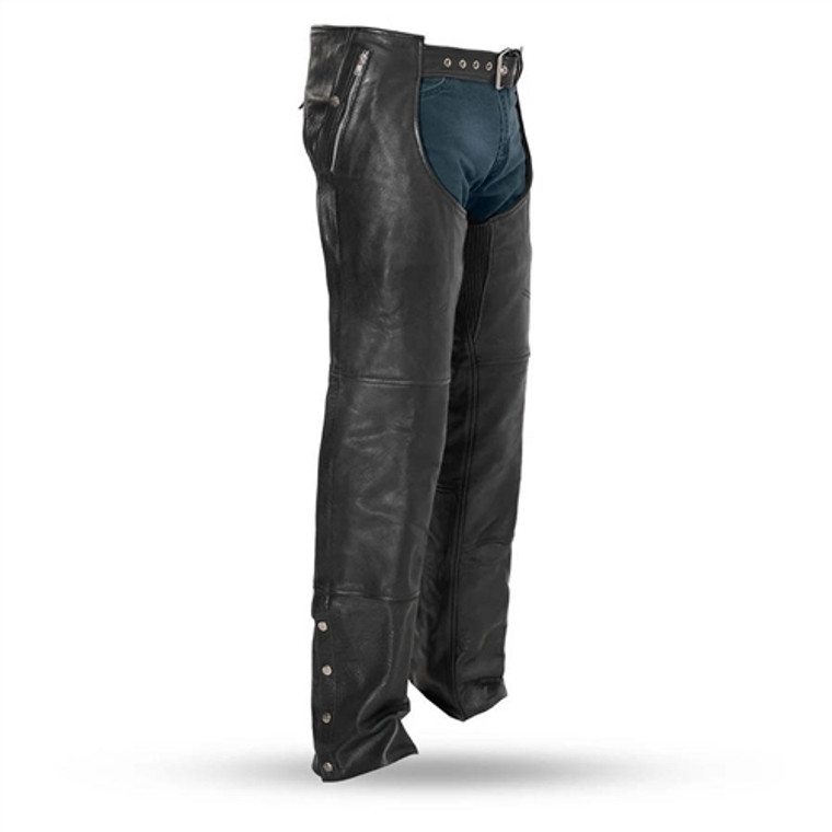 First MFG thermal leather motorcycle chaps with snap-out liner and zippered pockets First MFG thermal leather motorcycle chaps with snap-out liner and zippered pockets