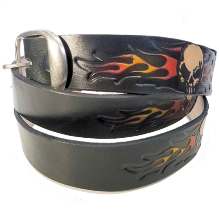 USA-made black full-grain cowhide belt embossed with skulls and flames – snap-off buckle