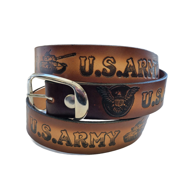 USA-made cowhide leather belt embossed with US Army emblem – removable snap-off buckle