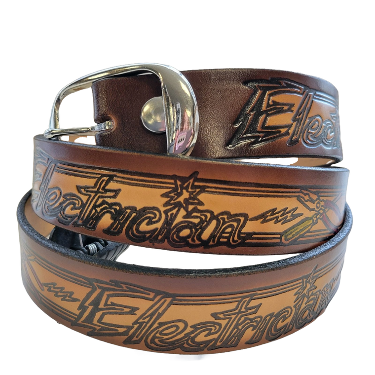 USA-made full-grain cowhide leather belt embossed with electrician tools – snap-off buckle