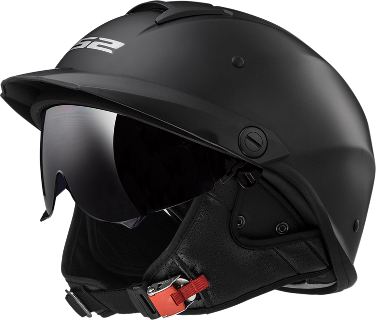 LS2 Rebellion half motorcycle helmet in matte black with built-in two-stage drop-down sunshield, Kinetic Polymer Alloy shell, and removable peak