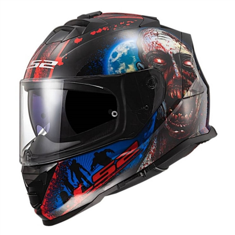 LS2 I Heart Brains full face motorcycle helmet with glossy shell and blood-splattered Zombie graphic, DOT certified LS2 I Heart Brains full face motorcycle helmet with glossy shell and blood-splattered Zombie graphic, DOT certified
