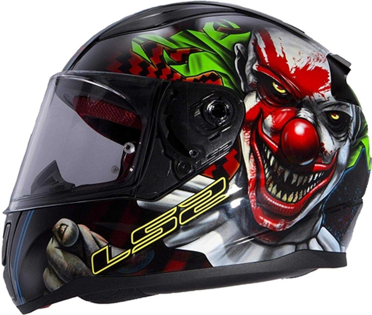 LS2 Happy Dreams Clown full face motorcycle helmet with glow-in-the-dark zombie clown graphic and glossy black finish, DOT certified