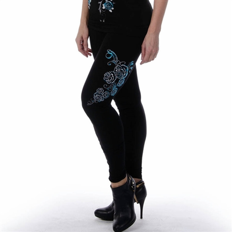 Bold & Beautiful Rhinestone Leggings, Liberty Wear, Blue Rose