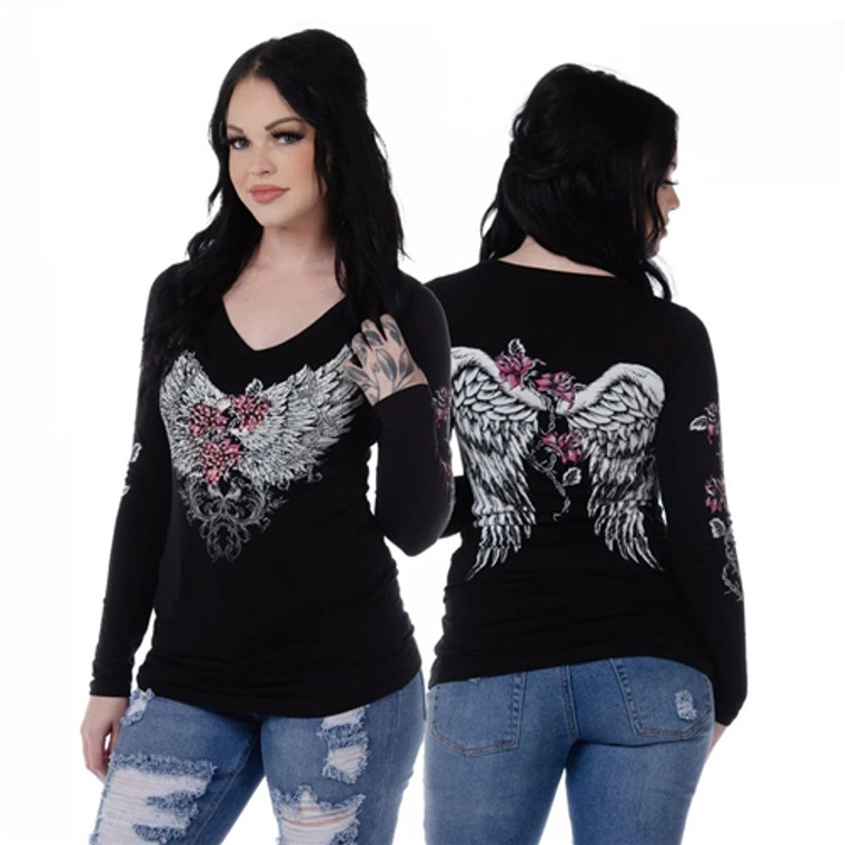 Liberty Wear Barbed Wire Roses Rhinestone Shirt with V-Neck and Sparkling Design