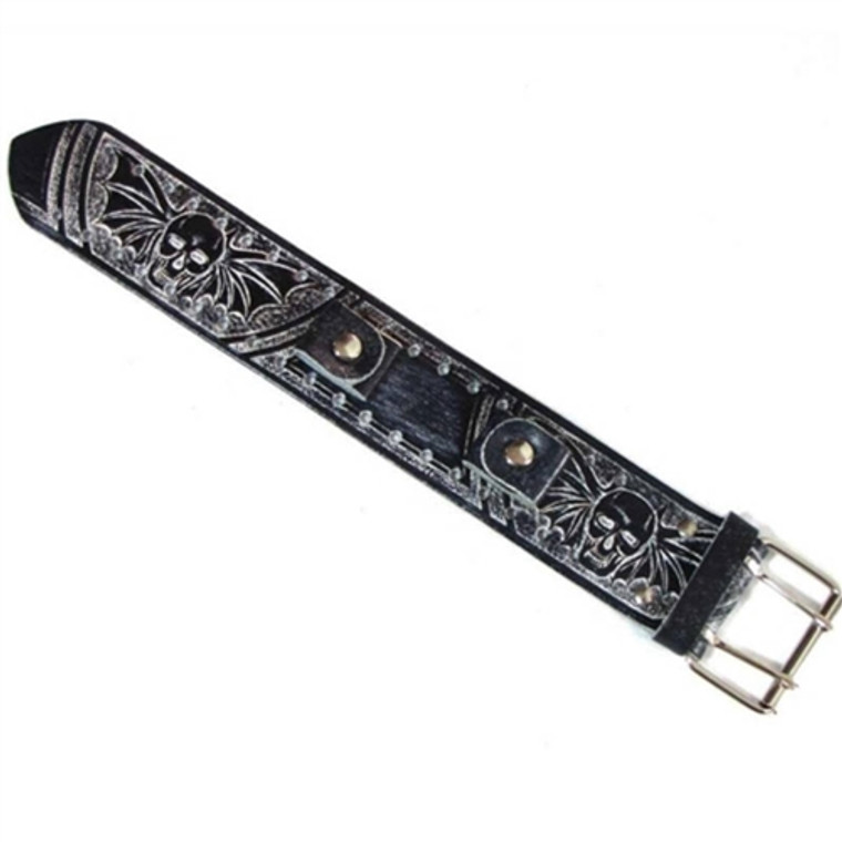 Vintage Skull Embossed Leather Watch Band USA Made in black with silver buckle