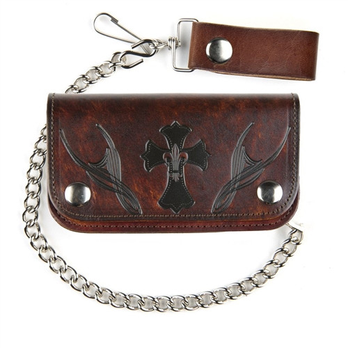 Fleur-de-Lis Brown Leather Chain Wallet 6-Inch | USA Made