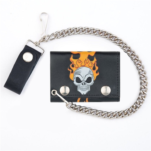 Skull Flames Leather Chain Wallet | USA Made Cowhide Motorcycle Wallet