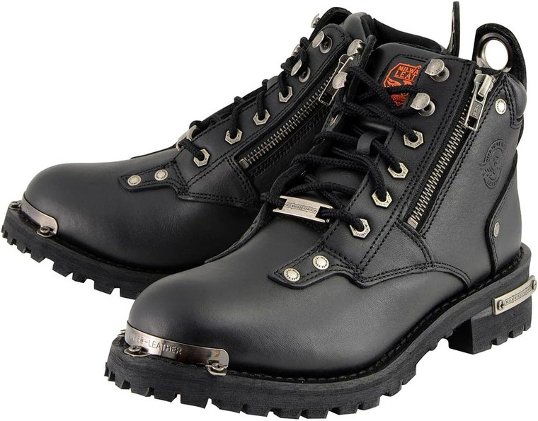 Milwaukee Leather Women's Low Cut Lace-Up Motorcycle Boots with Side Zipper and Oil-Resistant Outsole