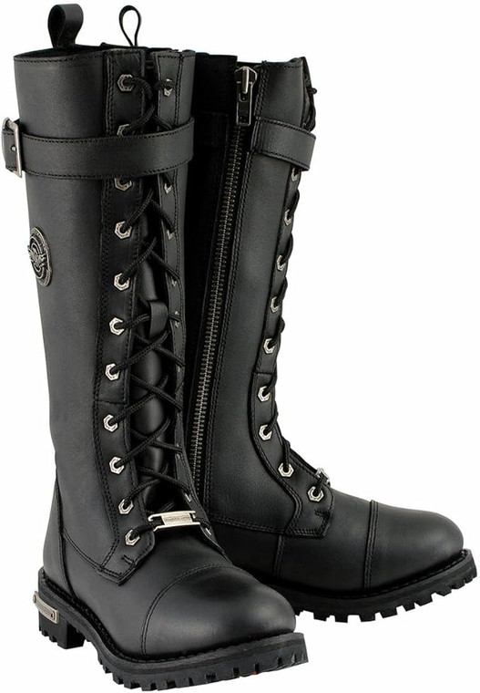 Milwaukee Leather high-rise ladies motorcycle boots featuring lace-up design and adjustable calf buckle Milwaukee Leather high-rise ladies motorcycle boots featuring lace-up design and adjustable calf buckle
