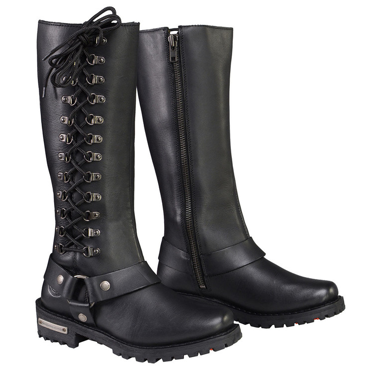 Milwaukee Leather Women's 8-Inch Lace-Up Motorcycle Harness Boots with Side Zipper