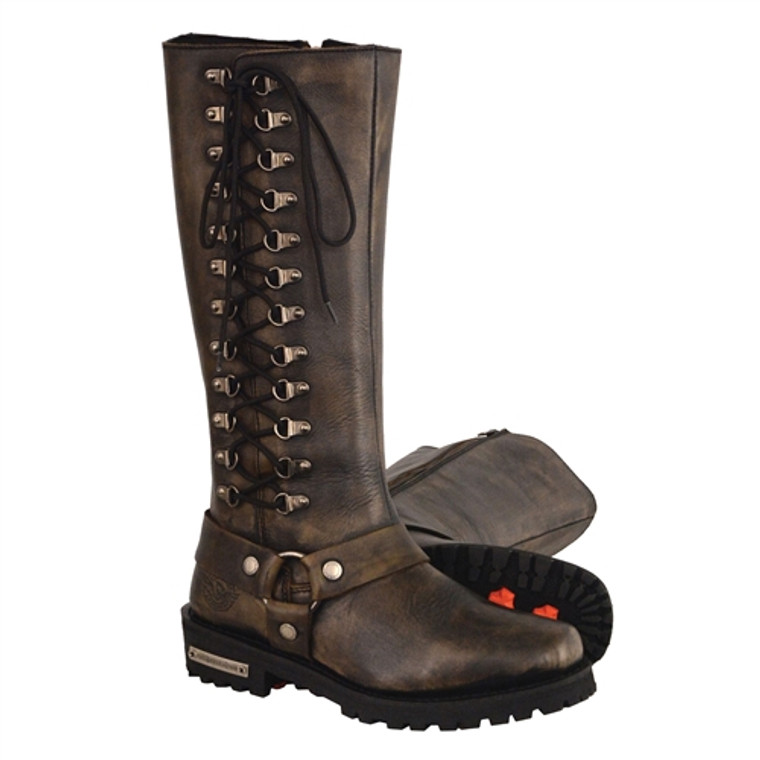 Front view of Milwaukee Leather distressed brown harness motorcycle boots with square toe and harness strap detail