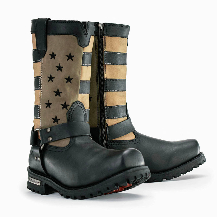 Milwaukee Leather stars and stripes motorcycle harness boots in brown and black
